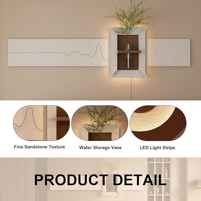 LED Sandstone Wall Decor, 3D Wall Art Sculpture, Simulated Green Plants, Glass Vase & Rabbit Statue, 3 Color Remote Control Light, for Living Room, Bedroom, Hallway(Light Coffee,47.2 * 23.6in)