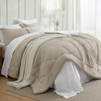 Bedsure Full Size Comforter Set - 7 Pieces Reversible Beige and White Bedding, Full Size Bed Set for All Seasons, Bed in a Bag with Down Alternative Comforter, Sheets, Pillowcases & Shams