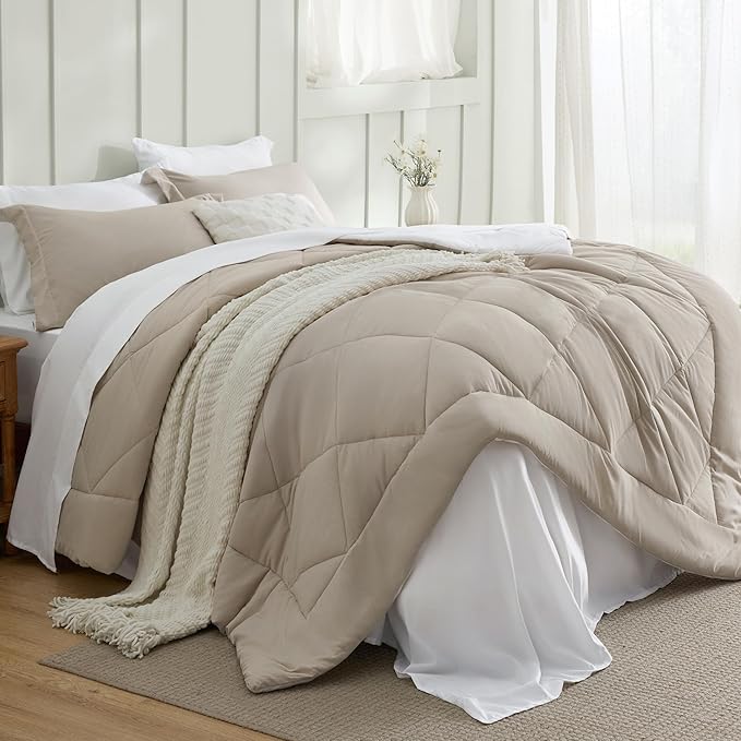 Bedsure King Size Comforter Set - 7 Pieces Reversible Beige and White Bedding, King Size Bed Set for All Seasons, Bed in a Bag with Down Alternative Comforter, Sheets, Pillowcases & Shams
