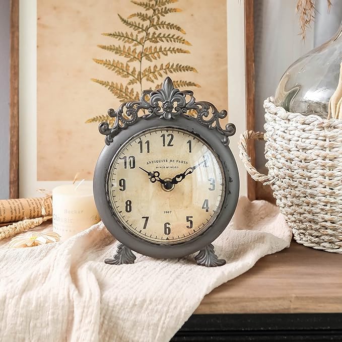 NIKKY HOME Small Vintage Table Clock, Decorative Shelf Desk Top Clock Battery Operated Round French Design, Farmhouse Home Decor for Bathroom, Tabletop, Desktop, Countertop, Rustic Grey