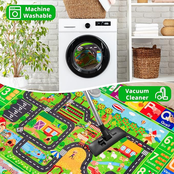 Extra Large Kids Rug ABC Farm Play Mat for Toy Cars, 110"×78.7" Farm Life Road Traffic for Playroom Kids Vehicles Road Rugs Village Map Play Mat Non-Slip Washable for Toddlers Boys Room Playtime