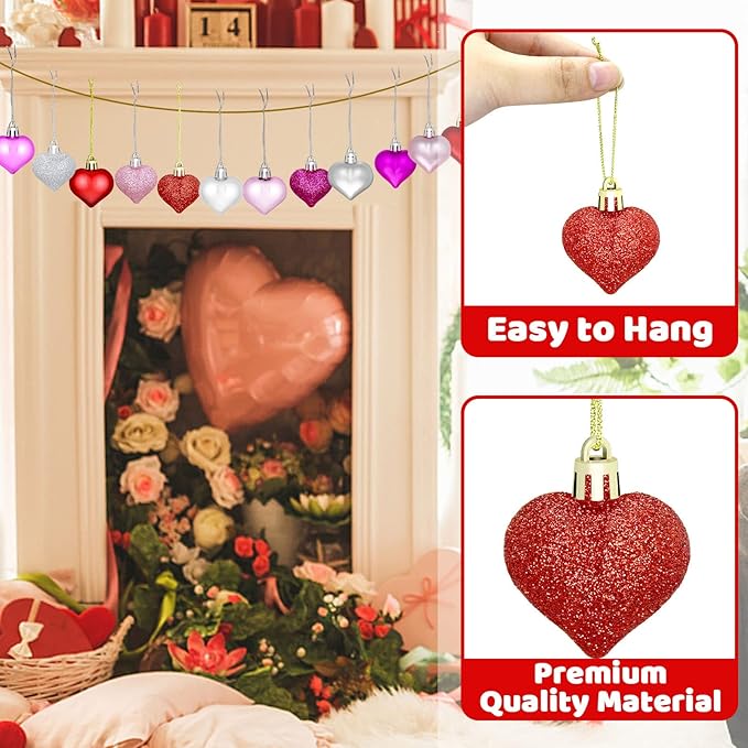 24pcs Valentine Heart Ornaments - Heart Shaped Decorations for Home, Wedding, Party
