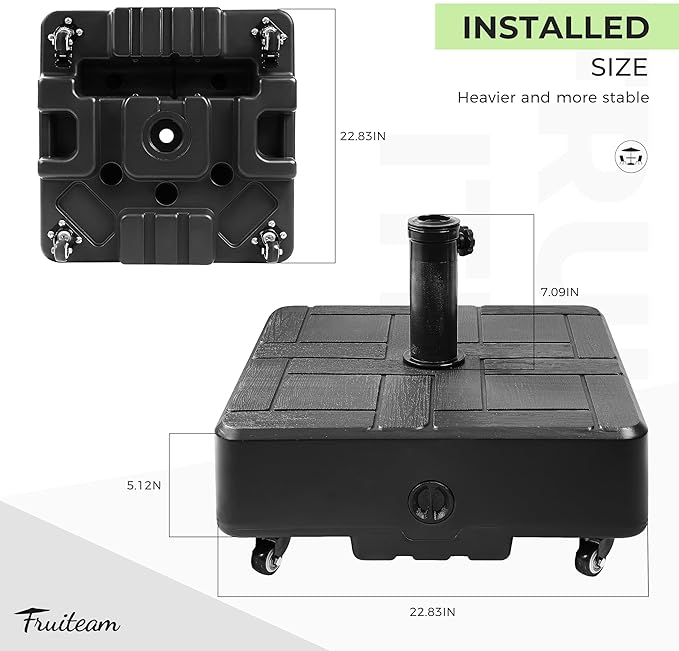 FRUITEAM 155lb Capacity Fillable Portable Umbrella Base with Wheels,Patio Umbrella Base Heavy Duty, Square Market Stand for Patio,Outdoor w/ 4 Wheels, 2 Knobs, Suitable for 6-12 ft Outdoor Umbrella