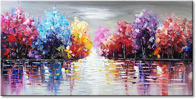 Hand Painted Lake Landscape Canvas Wall Art with Colorful Tree Thick Texture Oil Painting Abstract Artwork (48 x 24 inch)