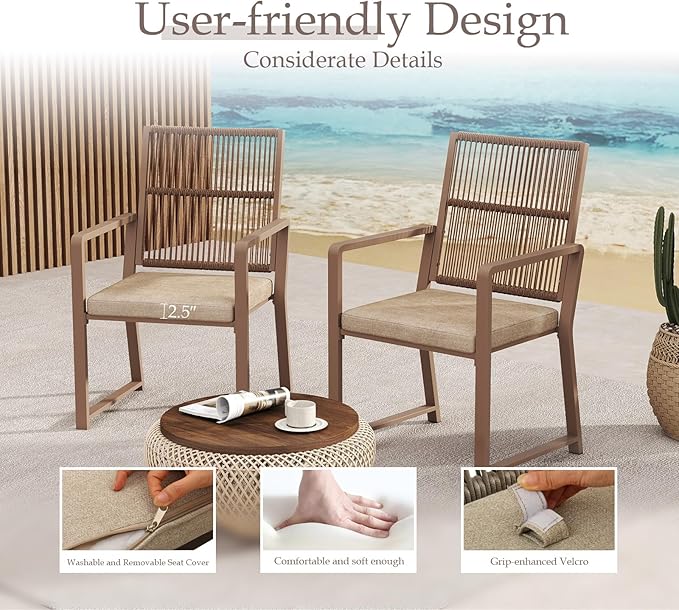 Aluminum Outdoor Patio Dining Chairs - Imitation Rope Vine Chair Ergonomic Backrest Design Detachable Seat Cushion Soft and Breathable Garden Porch Light Brown Set of 6