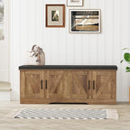 2-Tier Storage Bench, 47.2" Wide Shoe Bench with Padded Seat Cushion, Entryway Bench with 4 Barn Doors and Adjustable Shelf, Rustic Walnut