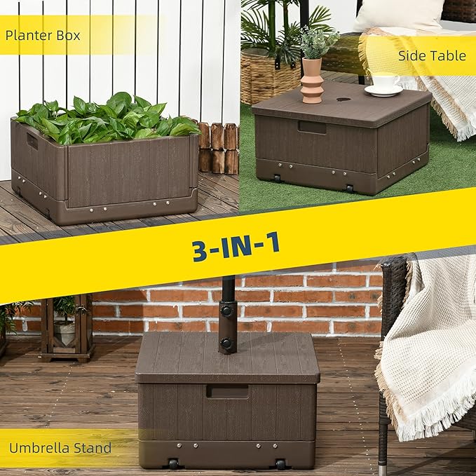 Outsunny 3-in-1 Outdoor Umbrella Base, Coffee End Table, Planter Box with Drain Hole, 175 lbs. Capacity Heavy Duty Fillable Patio Umbrella Stand Table with Wheels and Handles for Deck, Poolside, Brown