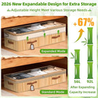 Livole 2 Pack Bamboo Under Bed Storage, 6-10 inches Height Adjustable Underbed Storage Containers, 92L XXXL Large Under Bed Storage Bins with Clear Lid & Label for Clothes, Blankets, Sweater, Shoes