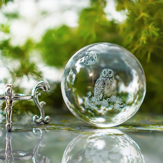 HDCRYSTALGIFTS 60mm 3D Laser Crystal Ball Paperweight OWL Figurines Glass Sphere Decorative Balls with Stand Gift