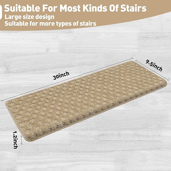 PURE ERA Bullnose Carpet Stair Treads Set Tape Free Non-Slip Indoor Stair Protectors Pet Friendly Rugs 9.5" x 30"(2 Pieces,Khaki Mini-Diamond Trellis)