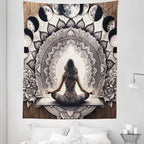 Ambesonne Mandala Tapestry Twin Size, Meditating Lady with Ethnic Florals and Lunar Phases Frame Rustic, Wall Hanging Bedspread Bed Cover Wall Decor, 68" X 88", Cocoa Charcoal Grey White