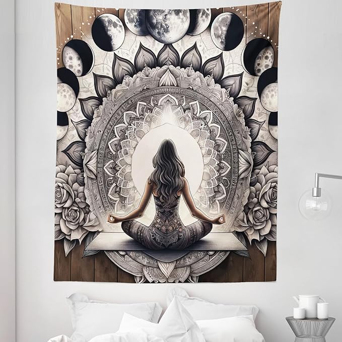 Ambesonne Mandala Tapestry Twin Size, Meditating Lady with Ethnic Florals and Lunar Phases Frame Rustic, Wall Hanging Bedspread Bed Cover Wall Decor, 68" X 88", Cocoa Charcoal Grey White