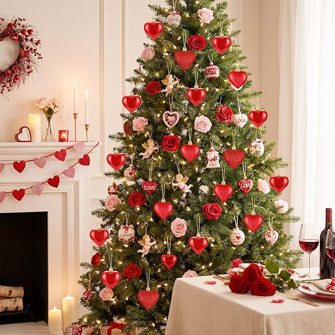 XmasExp Heart Ornaments for Christmas Tree Decorations Set of 24 Heart Shaped Bauble Perfect for Valentine's Day Wedding Anniversaries and Party Supplies (Dark Red)