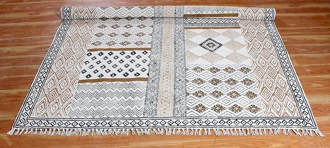 Kilim Runner 4x10 Cotton Runner Rug Brown & Black Indoor Outdoor Runner 0.19 inches Stone Easy Washable Hand Wash Cotton Carpet Flatweave Runner Rugs for Hallway, Staircases, Corridor Runner