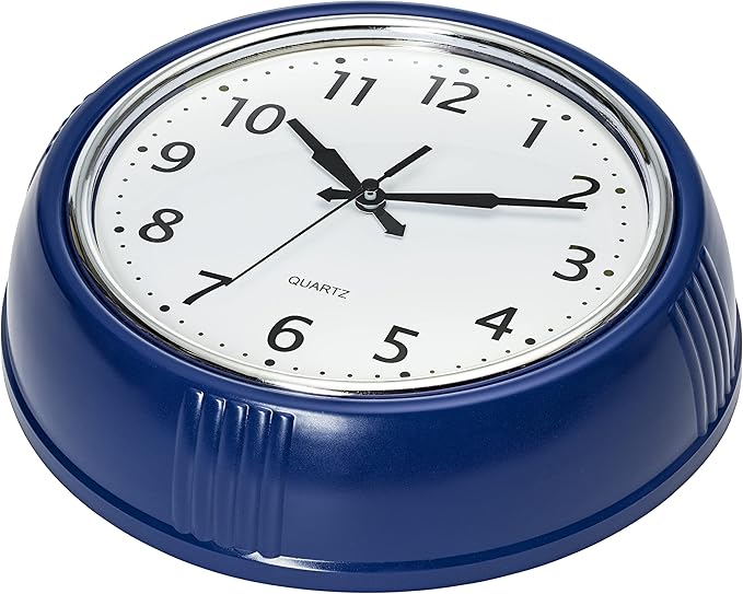 Bernhard Products Retro Wall Clock 9.5 Inch Navy Blue Kitchen 50's Vintage Design Round Silent Non Ticking Quality Quartz Battery Operated Easy to Read Decorative Clocks for Home Office Living Room