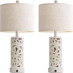 OYEARS 22'' Table Lamp Set of 2 for Living Room,Farmhouse Lamp for for Bedroom,Vintage Retro Bedside Lamps with USB Ports Linen Shade for Home Office (Wash White, Bulb Included)