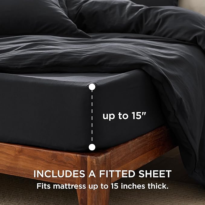 Bedsure Duvet Cover Queen Size with Fitted Sheet - 4 Pieces Prewashed Cotton-Like Extra Soft Bedding Set, Includes 1 Duvet Cover 90x90 Inches with Zipper Closure, 2 Pillow Shams, 1 Fitted Sheet, Black