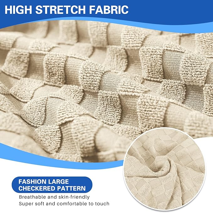 YEMYHOM Stretch Individual Cushion Covers Sofa Chair Seat Cushion Slipcovers Soft Couch Cover Replacement Large Checkered Furniture Protector with Elastic Bottom (1 Pc Cushion Cover, Light Beige)