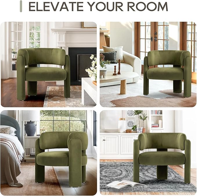 COLAMY Modern Accent Chair Set of 2, Velvet Accent Chairs, Upholstered Barrel Chairs with Solid Wood Legs, Comfy Side Chair for Living Room, Bedroom, Reading, Cozy Reading Chair,Green