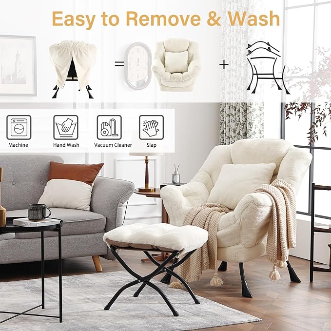 Lazy Chair with Ottoman, Large Lvory Lounge Accent Chair with Ottoman and FA Throw Pillow, Comfy Plush Reading Chair for Living Room Bedroom Dorm Room Office Apartment Relaxing Use
