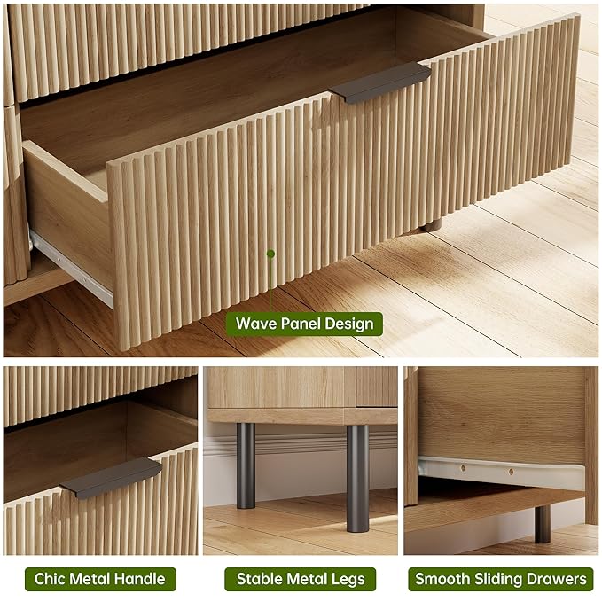 GarveeHome Oak Fluted 6 Drawer Dresser, Wide Wood Double Dresser with Metal Legs and Handles, Modern Chest of Drawers with Anti-Tipping Design for Bedroom Living Room, Hallway