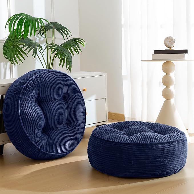 8" Washable Floor Pillow Cushion for Adults, Meditation Cushion Pillow, Large Round Floor Sitting, Removable Tufted Corduroy Cover, for Tatami Living Room or Yoga, 22x22 Inch, 2Pack, Machine Washable