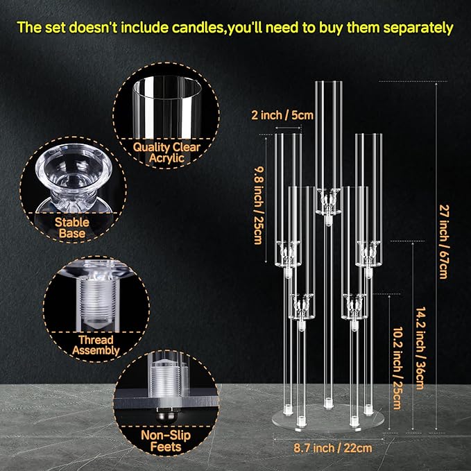 Clear 5 Arms Candlesticks Holder with Acrylic Shade for Wedding Table Decorations,26'' Tall Acrylic Candelabra Centerpieces for Candlelight Dinner Party Fireplace Gift Fit LED Candle（6 Pcs）