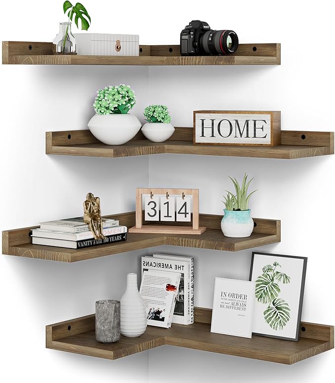 Floating Corner Shelves Set of 4, Rustic Pine Wooden Floating Corner Wall Shelf for Wall Décor Storage, L Shaped Corner Shelf Wall Mount For Bedroom, Living Room, Bathroom, Kitchen, Light Brown