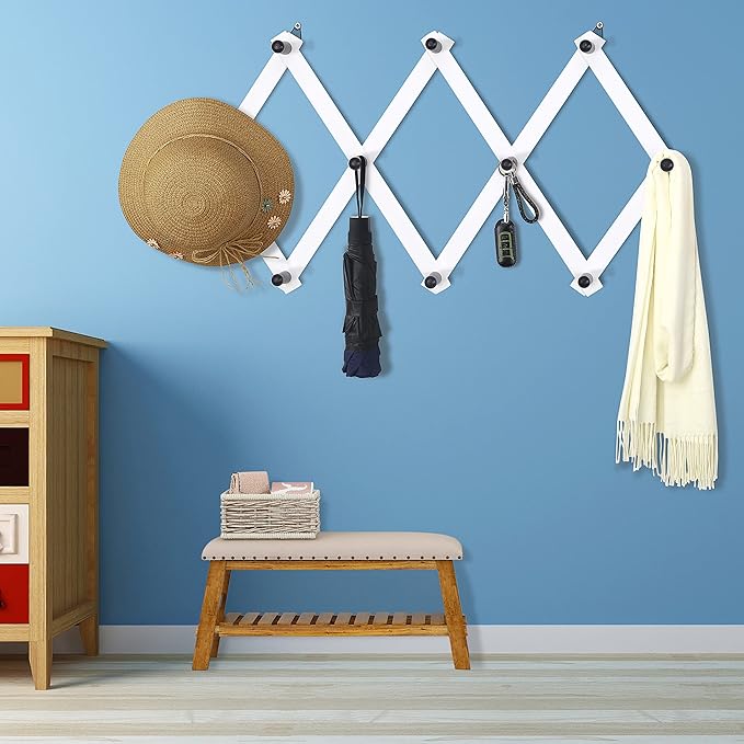 Dseap Accordian Wall Hanger: 16” High Wooden Wall Expandable Coat Rack, Hat Rack Holder, Accordion Hook for Baseball Caps, Coats, Mugs, 10 Peg Hooks, White & Black