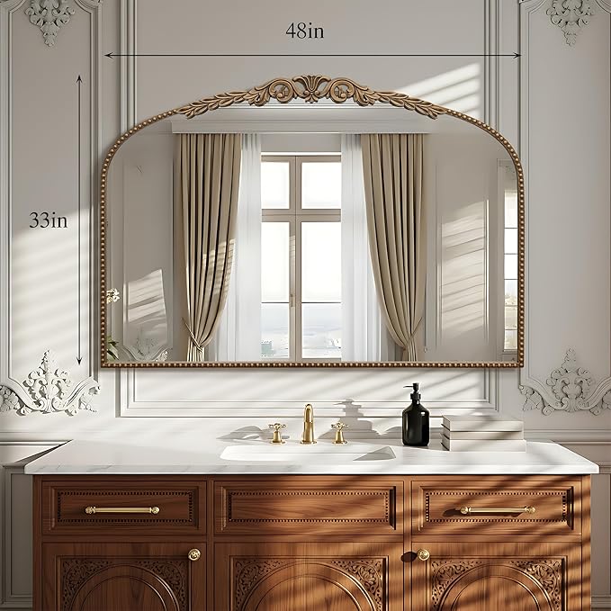 Besdomus Gold Large Fireplace Mirror: 48"x 33" Baroque Vintage Mirror - Traditional Ornate Antique Arched Mirrors for Bathroom/Wall/Vanity/Mantel/Bedroom/Entryway/Hallway - Home Decor for Living Room