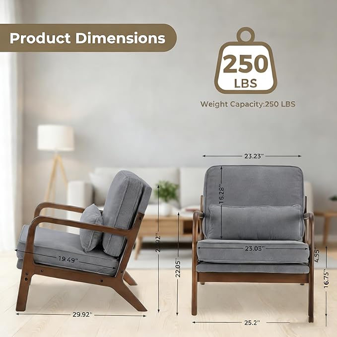 Simple Deluxe Mid-Century Modern Wood Accent Chair & Cozy Reading Chair, Upholstered Living Room Chair with Waist Cushion, Solid Wood Chair with Pillow for Bedroom, Grey