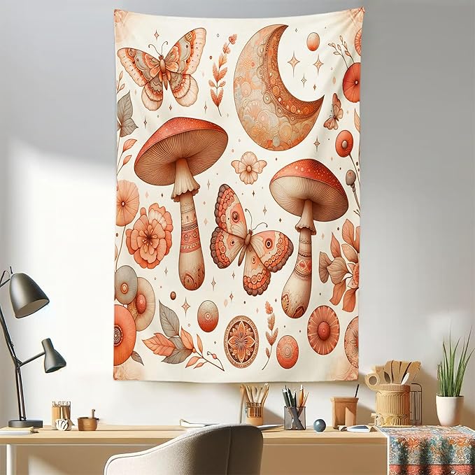 Ambesonne Mandala Tapestry, Medieval Witchcore Art Mushroom Butterfly and Crescent with Leafy Details, Fabric Wall Hanging Decor for Bedroom Living Room Dorm, 30" X 45", Dark Salmon Eggshell