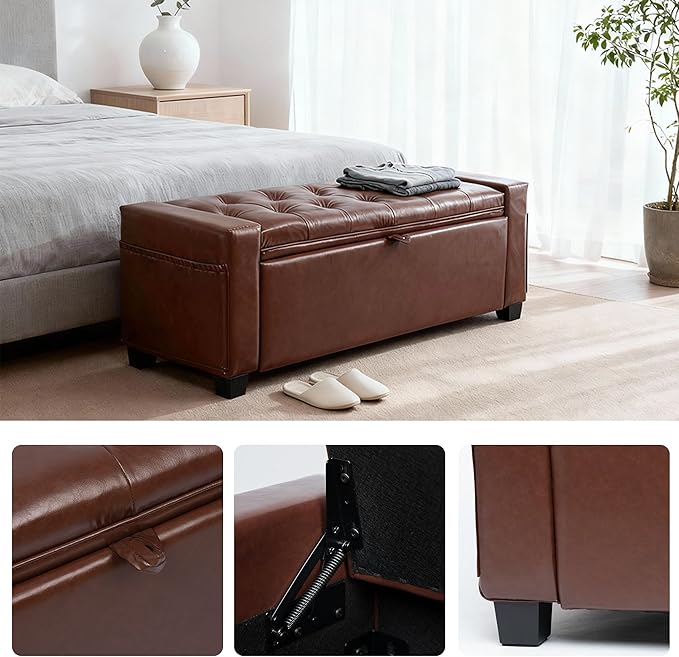 43.31'' Storage Ottoman Bench, Upholstered Tufted Bedroom Bench with Storage, End of Bed Storage Bench for Living Room & Entryway, 350 lb Capacity, Leather Brown