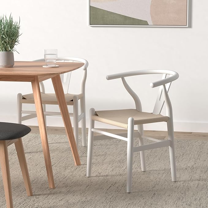 Poly & BARK Weave Dining Chairs – Mid-Century Modern Wishbone Dining Chairs with Arms, Solid Wood Frame, Indoor Use – White – Set of 2 - Ideal for Dining Room, Kitchen or Stylish Accent Setting
