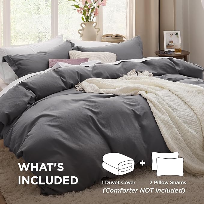 Bedsure Dark Grey Oversized King Duvet Cover - 3 Pieces Prewashed Cotton-Like Extra Soft Bedding Set, Includes 1 Duvet Cover 120x98 Inches with Zipper Closure & 2 Pillow Shams, Comforter Not Included