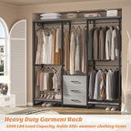 Aheaplus Garment Rack Heavy Duty Clothes Rack for Hanging Clothes,Clothing Rack with Drawers, Wood Stoarge Shelf Freestanding Closet Wardrobe Rack, Corner L Shaped Closet System Organizers, Grey