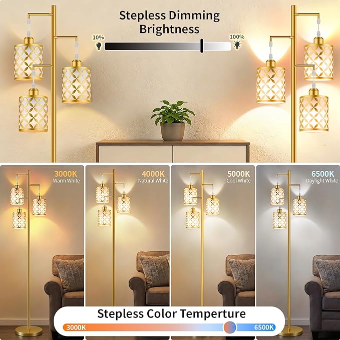 New Upgraded 72" Tall Dimmable Floor Lamp, 3 x 800LM 9W LED Bulbs Included, Farmhouse Standing Lamp with Remote Control, Industrial Tree Pole Floor Lamps for Living Room, Bedroom, Study Room - Gold