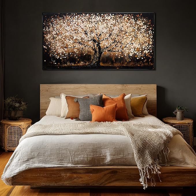 NBAODAN Gold Tree Wall Art Black Framed Canvas Wall Decor Nature Pictures Abstract Home Wall Decor Modern Artwork for Living Room Bedroom Office 24x48 Inch