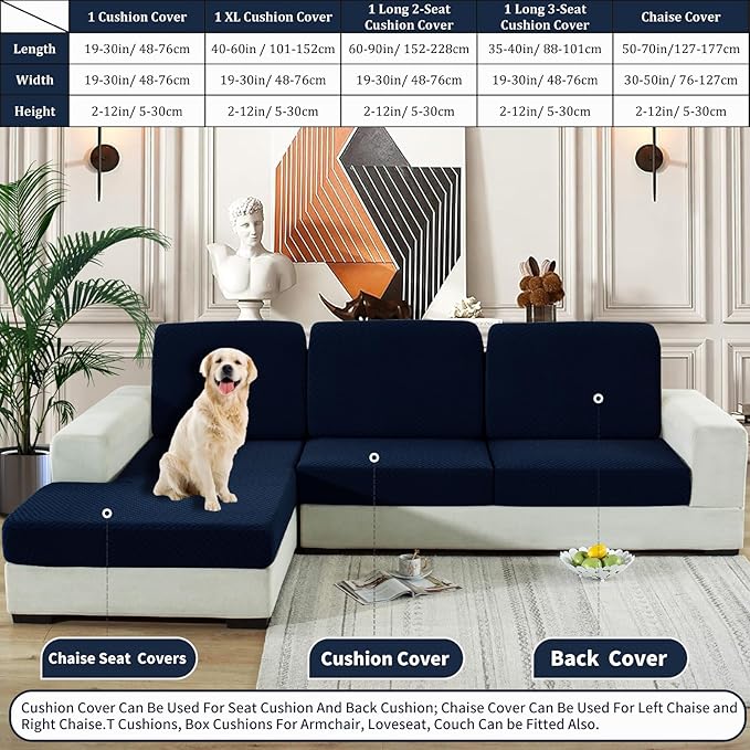 YEMYHOM Stretch Individual Cushion Covers Large Sofa Seat Cushion Slipcovers Soft Couch Cover Replacement Large Checkered Furniture Protector with Elastic Bottom (2 Pcs XL Cushion Covers, Navy)