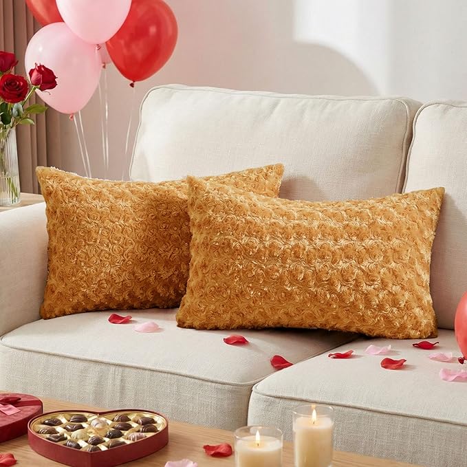 FUTEI Brown Decorative Throw Pillow Covers 12x20 Inch Set of 2,Soft Solid Rose Swirl Textured Lumbar Pillow Case,Valentine's Day Decor for Couch Living Room
