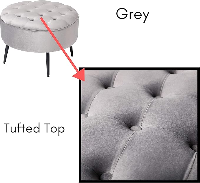 BIRDROCK HOME Tufted Round Ottoman - Velvet Footrest with Cushion and Mid-Century Modern Steel Legs - Ideal for Living Room, Bedroom, or Office Seating - Soft, Compact Decorative Footstool - Grey
