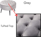 BIRDROCK HOME Tufted Round Ottoman - Velvet Footrest with Cushion and Mid-Century Modern Steel Legs - Ideal for Living Room, Bedroom, or Office Seating - Soft, Compact Decorative Footstool - Grey