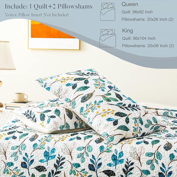 Whale Flotilla Reversible Printed Quilt King Size, Extra Soft Boho Floral Leaf Bedspreads for Bed Lightweight King Quilt Bedding Set Coverlets with 2 Pillow Shams for All Seasons, White Green