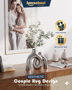 Hug Donut Decorative Vase Set - Silver Vase, Modern Nordic Boho Style Vases Home Decor, Matte Ceramic Decorations for Living Room Shelf, Bookshelf Mantle Entryway Table or Console Décor (Silver)