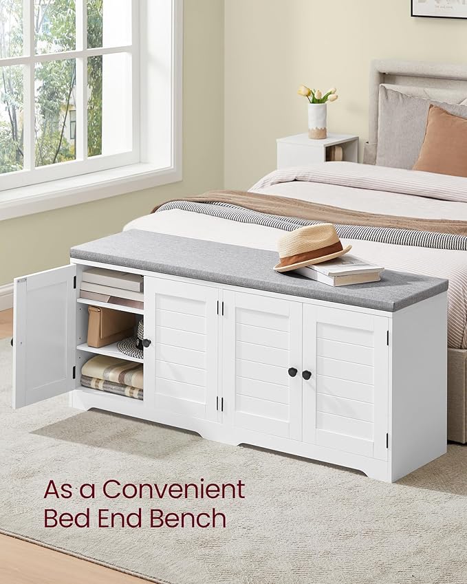 VASAGLE Shoe Storage Bench with Cushion, 3-Tier Entryway Bench with Padded Seat, Doors, Adjustable Shelves, 14 x 47.6 x 20.7 Inches, for Hallway, Bedroom, Cloud White and Dove Gray ULSB048WB01