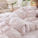 MooMee Gingham Duvet Cover Set 100% Washed Cotton Linen Like Textured Breathable Durable Soft Comfy Modern Checkered Design (Classic Gingham Greyish Pink, Queen 90"x90")