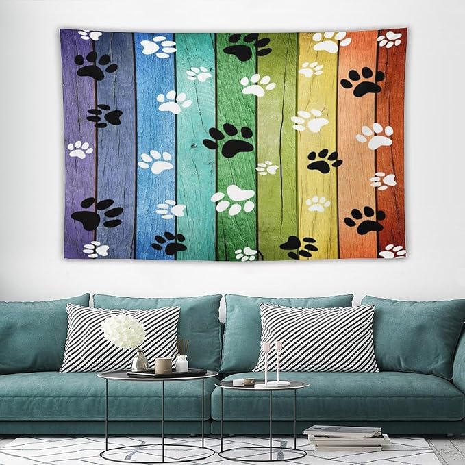 VUMIVI Dog Paw Tapestry Vintage Rustic Colorful Barn Boards Black White Animal Footprints Tapestry Wall Hanging for Living Room Bedroom Dorm Classroom Aesthetic Decor W90xL60in