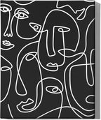 Abstract Face Pattern Wrapped Canvas Wall Art Black Background White Continuous Line Drawing 8x10 Inch Gallery Stretched Modern Home Art Decor