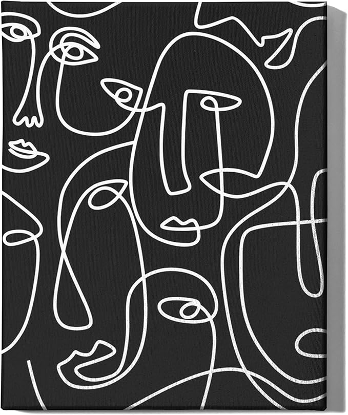 Abstract Face Pattern Wrapped Canvas Wall Art Black Background White Continuous Line Drawing 8x10 Inch Gallery Stretched Modern Home Art Decor