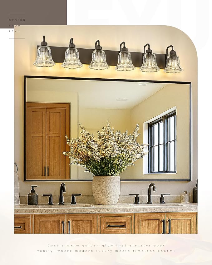 zeyu 6-Light Bathroom Wall Light, 46 Inch Bronze Vanity Lights, Modern Vanity Lamp in Oil Rubbed Bronze Finish with Clear Striped Glass, ZJX117B-6W ORB